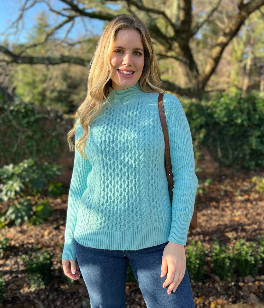 Aqua Funnel Neck Cable Knit Jumper - Image 5
