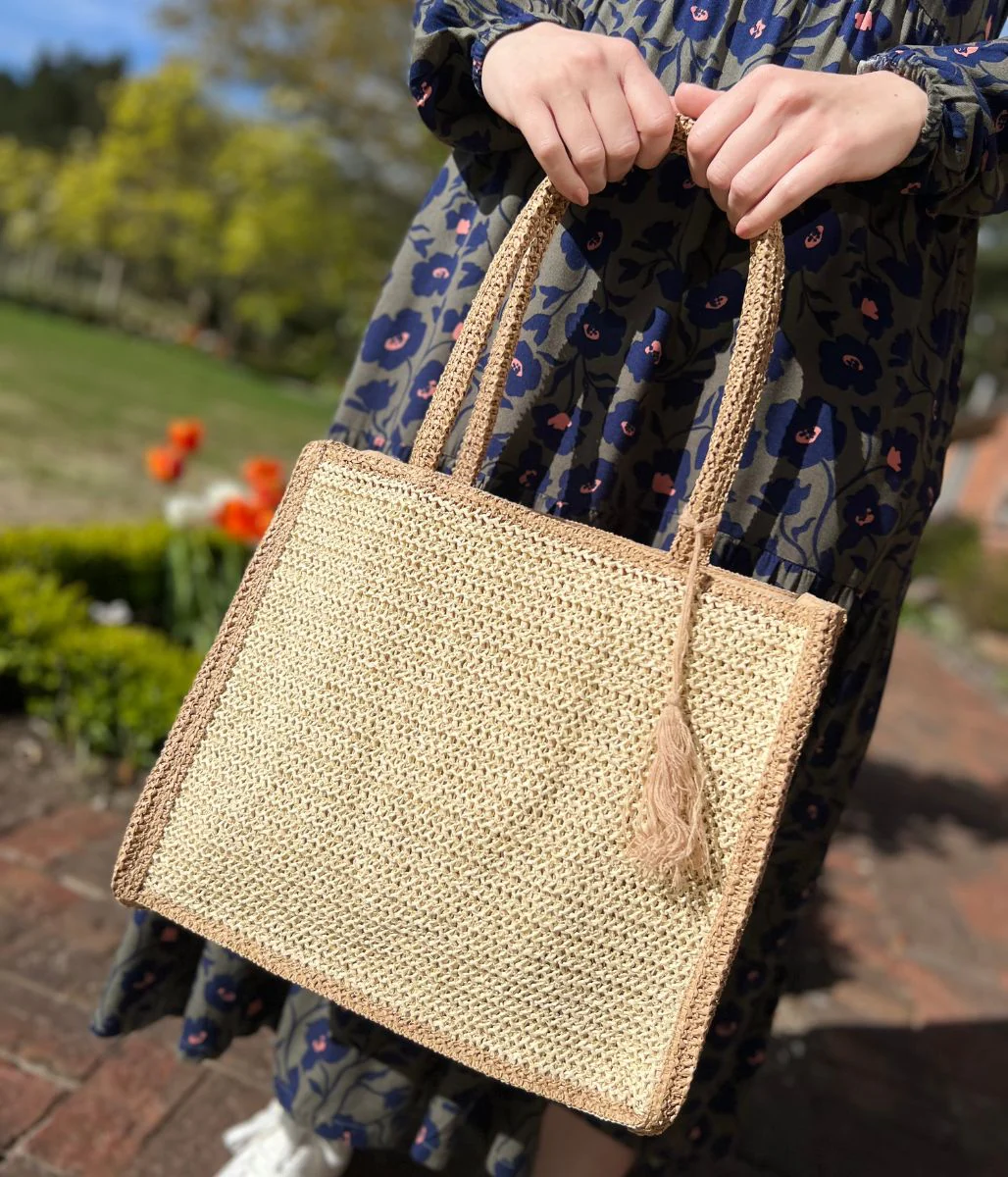 Beige Trim Raffia Tote Bag