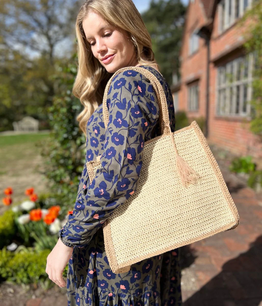 Beige Trim Raffia Tote Bag - Image 4