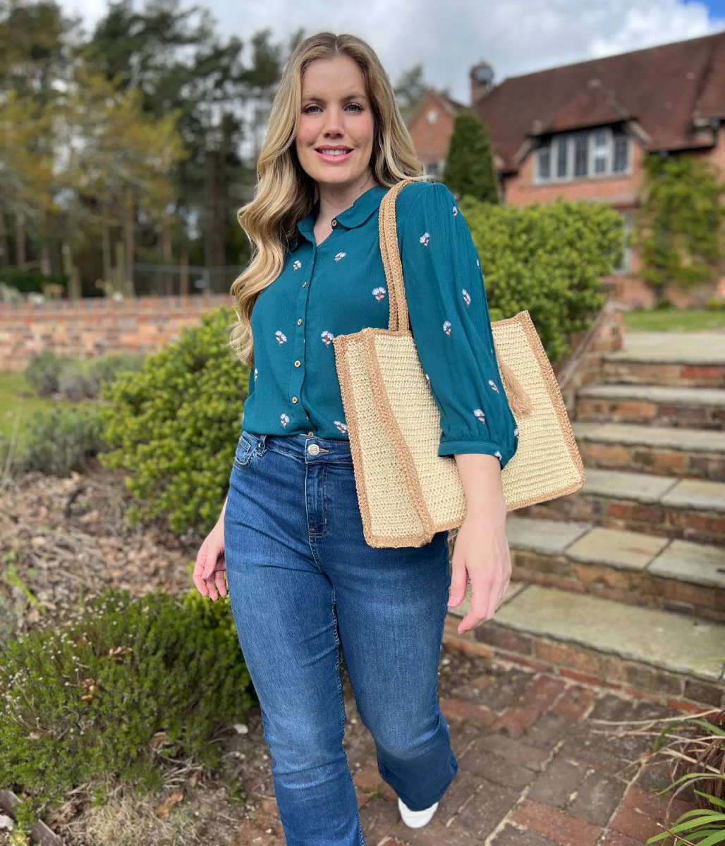 Beige Trim Raffia Tote Bag - Image 6