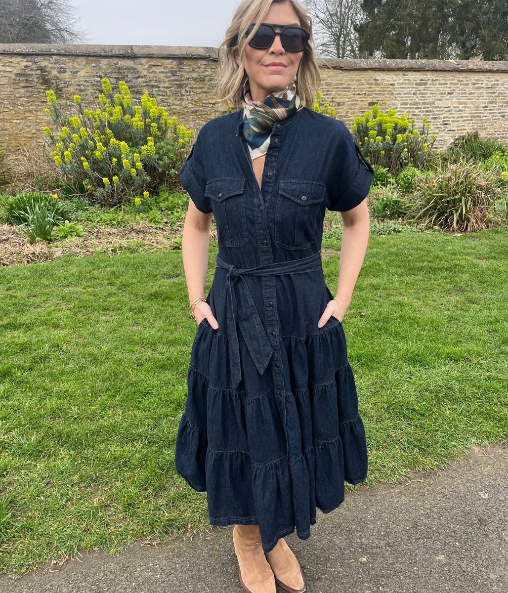 Belted Denim Tiered Shirt Dress - Image 3
