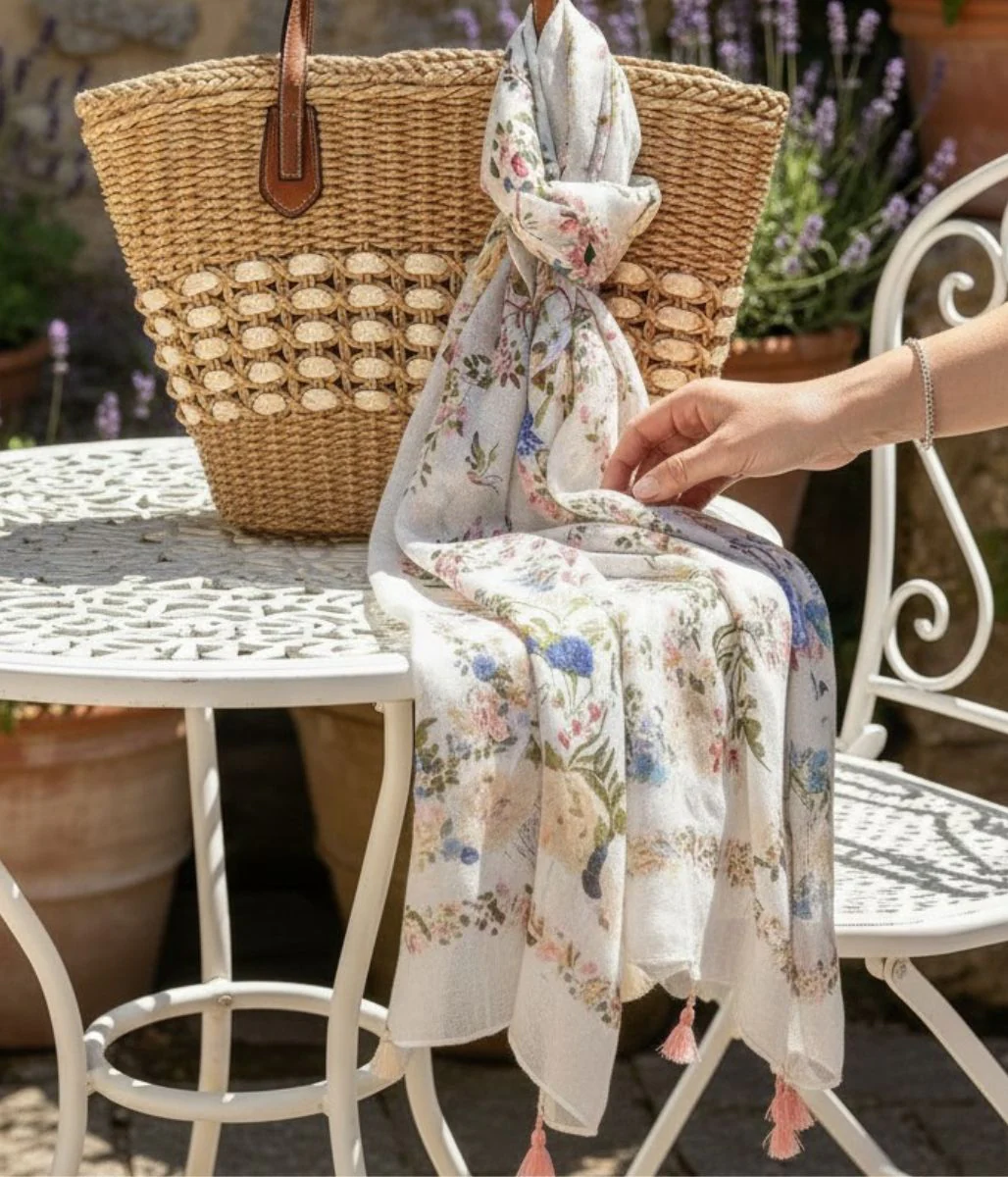 Bird & Flower Print Tasselled Edge Scarf