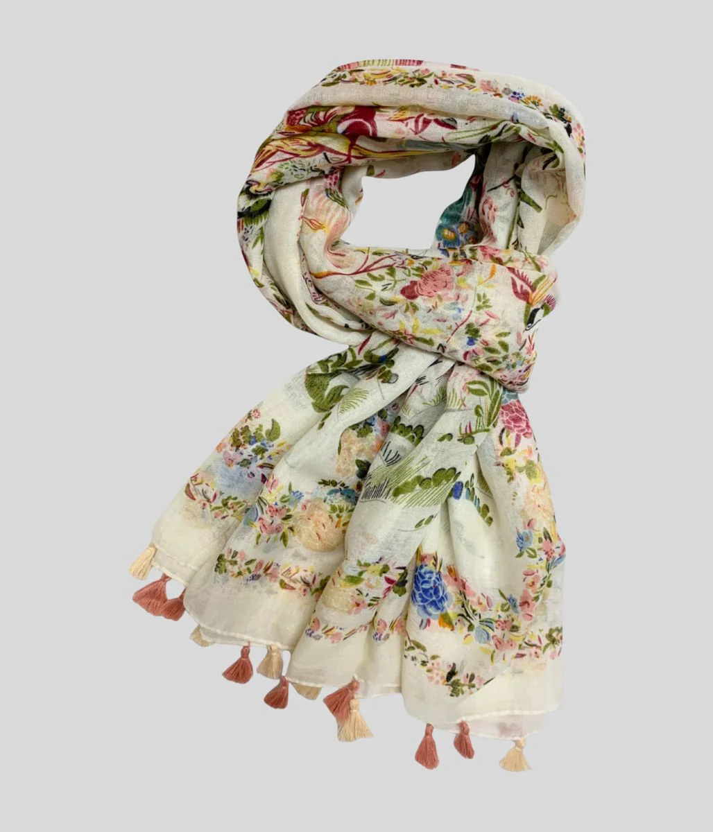 Bird & Flower Print Tasselled Edge Scarf - Image 2