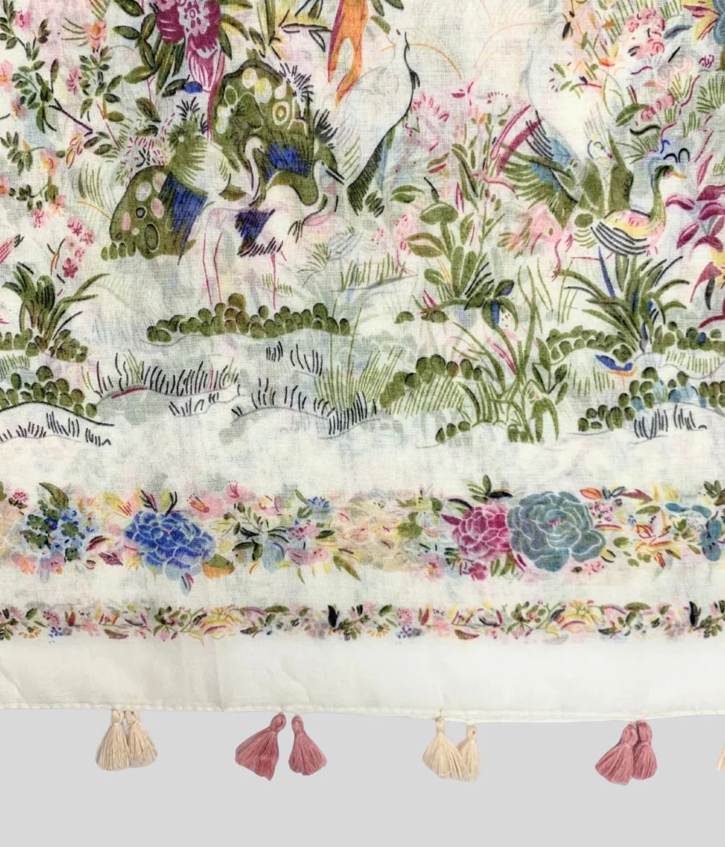 Bird & Flower Print Tasselled Edge Scarf - Image 3
