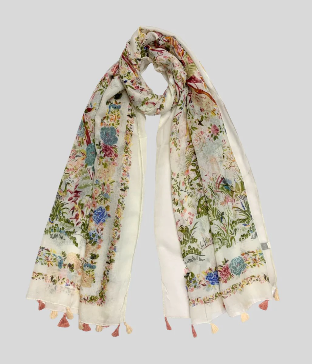 Bird & Flower Print Tasselled Edge Scarf - Image 4