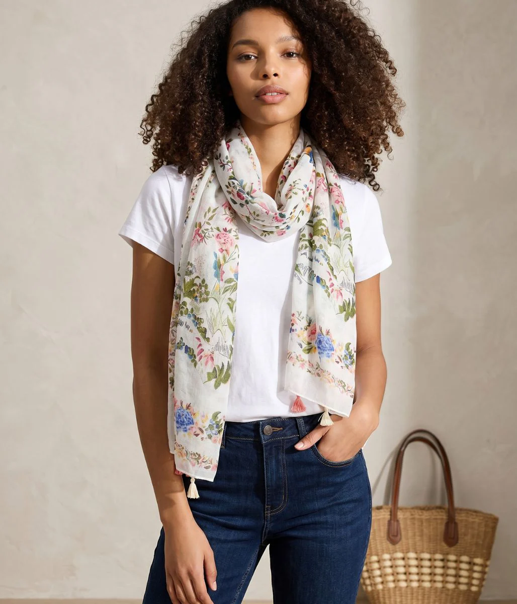 Bird & Flower Print Tasselled Edge Scarf - Image 5