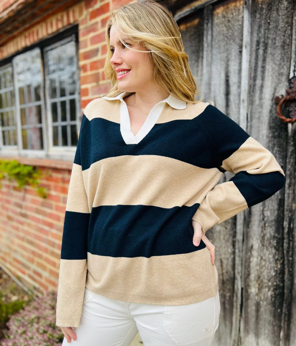 Navy & Beige Soft Touch Striped Knitted Rugby Jumper - Image 5