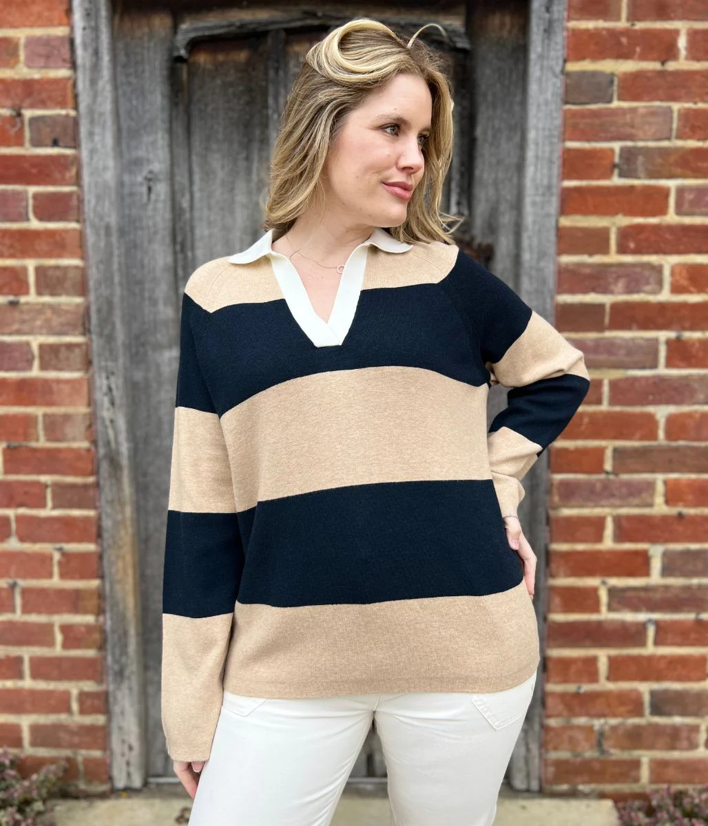 Navy & Beige Soft Touch Striped Knitted Rugby Jumper - Image 6