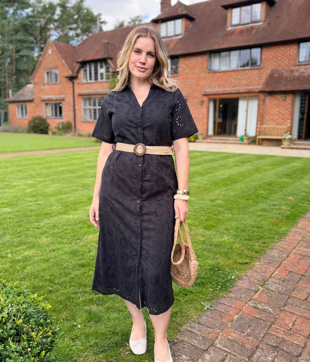 Black Belted Broderie Anglaise Shirt Dress