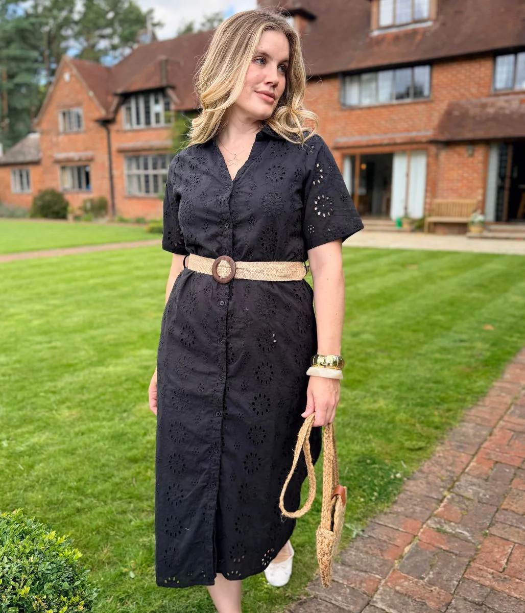 Black Belted Broderie Anglaise Shirt Dress - Image 2