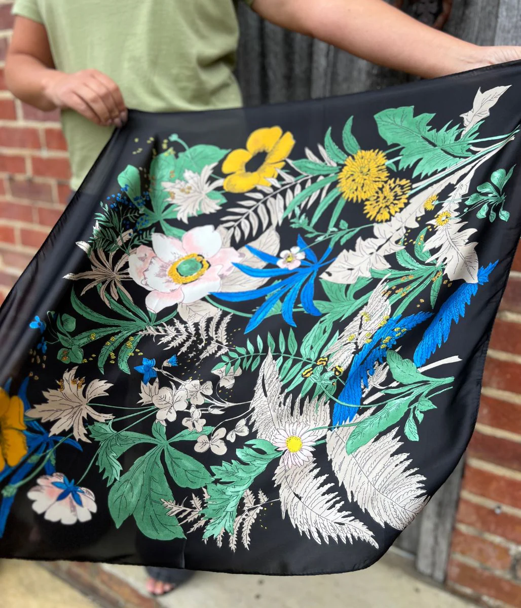 Black Botanical Wildflower Print Square Scarf - Image 2