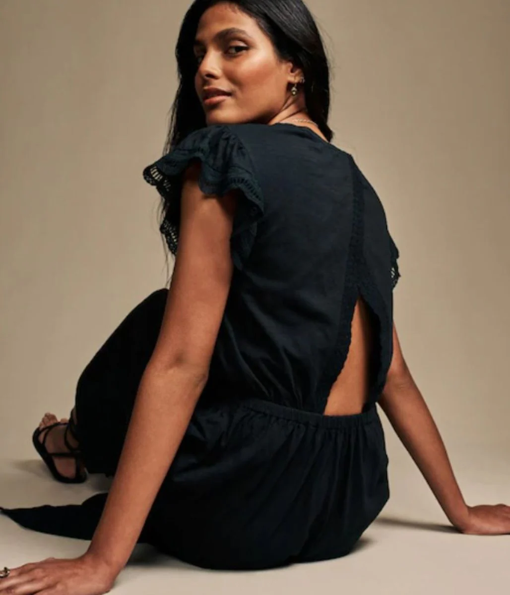 Black Broderie Frill Sleeve Cotton Jersey Dress - Image 3