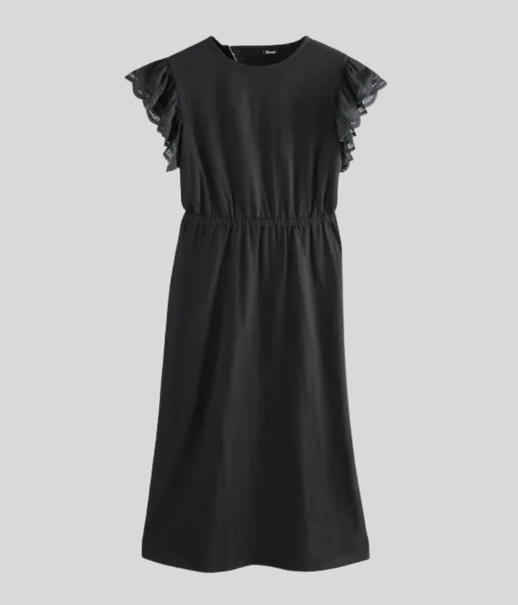 Black Broderie Frill Sleeve Cotton Jersey Dress - Image 4