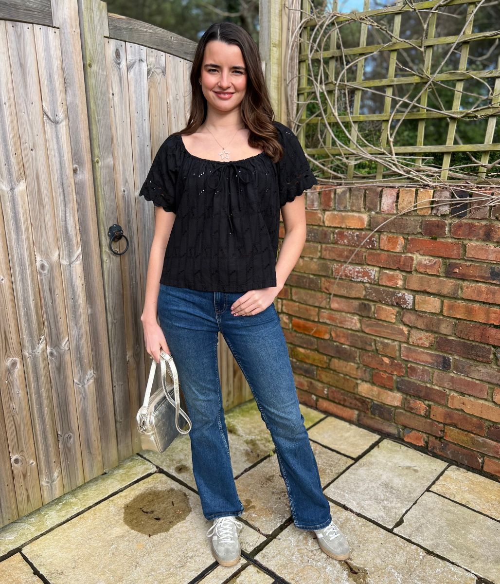 Black Broderie Short Sleeve Ric Rac Top - Image 5