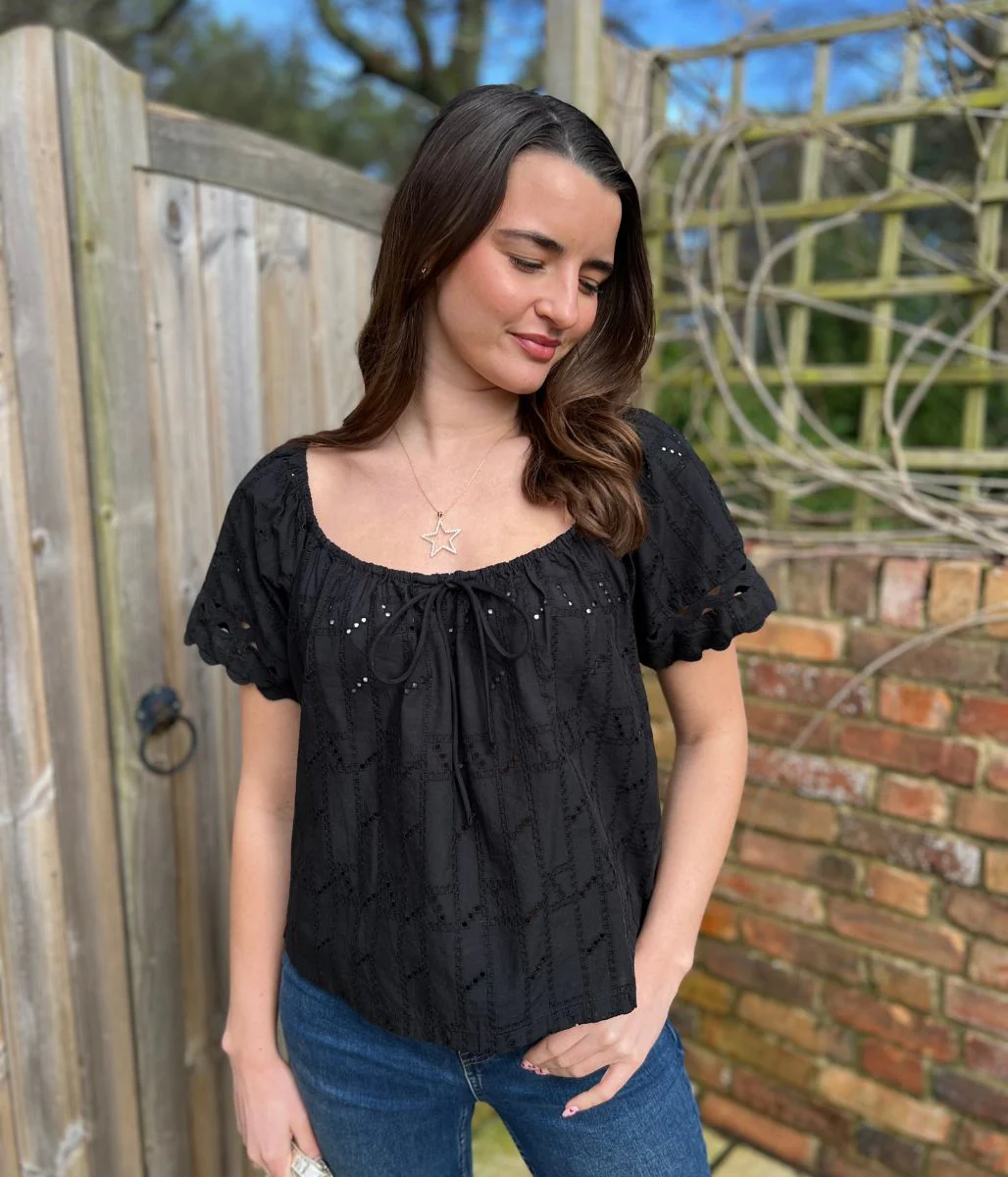 Black Broderie Short Sleeve Ric Rac Top - Image 6