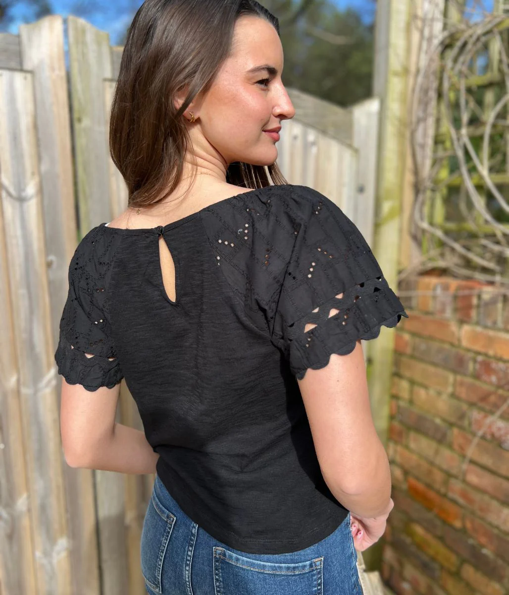 Black Broderie Short Sleeve Ric Rac Top - Image 7