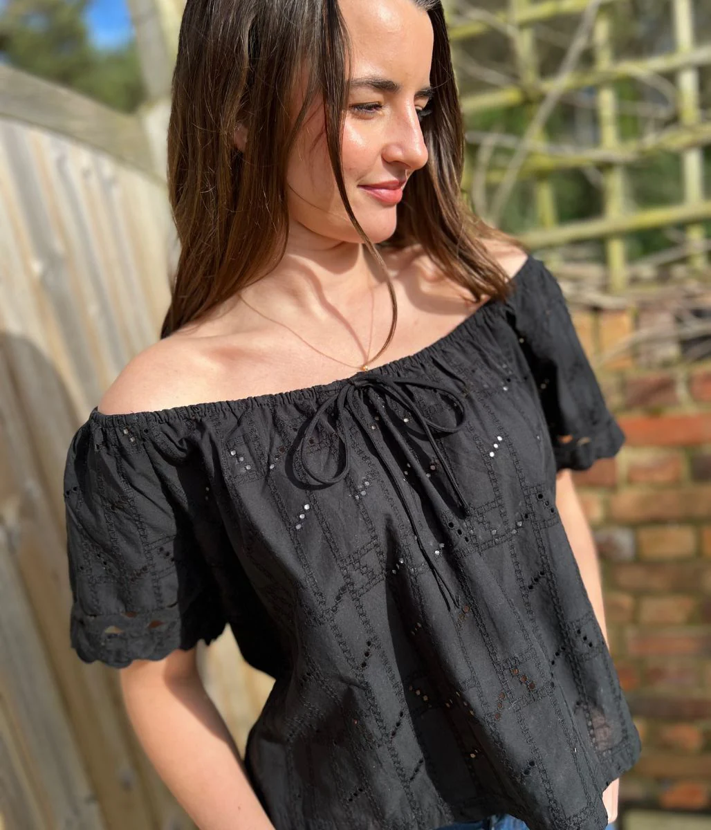 Black Broderie Short Sleeve Ric Rac Top - Image 8