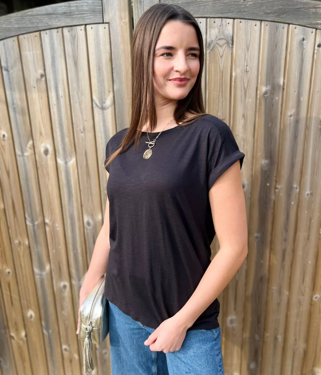 Black Cap Sleeve Cotton T Shirt - Image 4