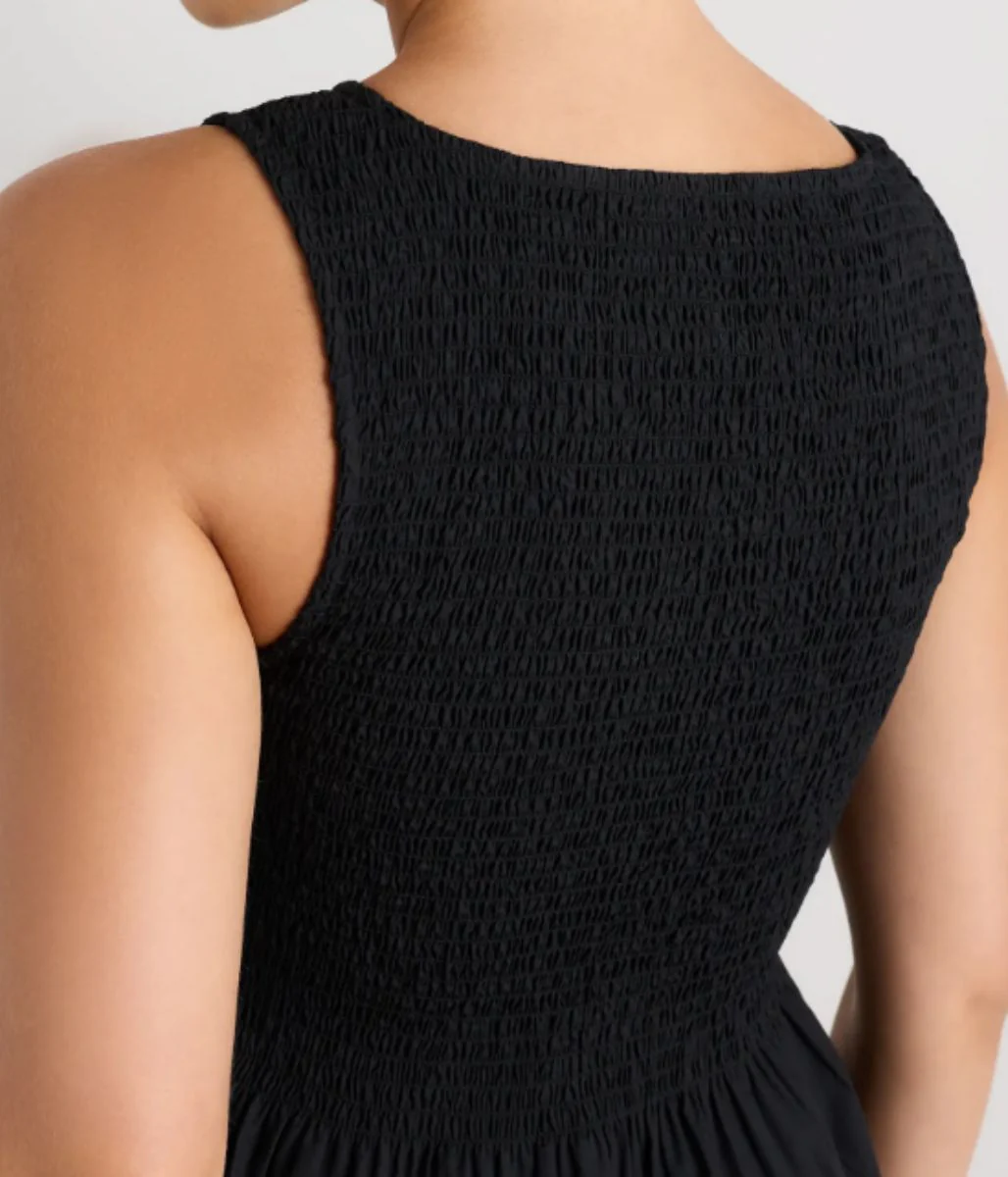 Black Cotton Poplin Shirred Dress - Image 10