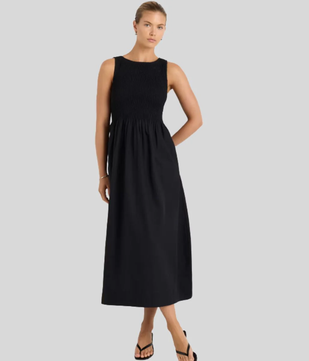 Black Cotton Poplin Shirred Dress - Image 11