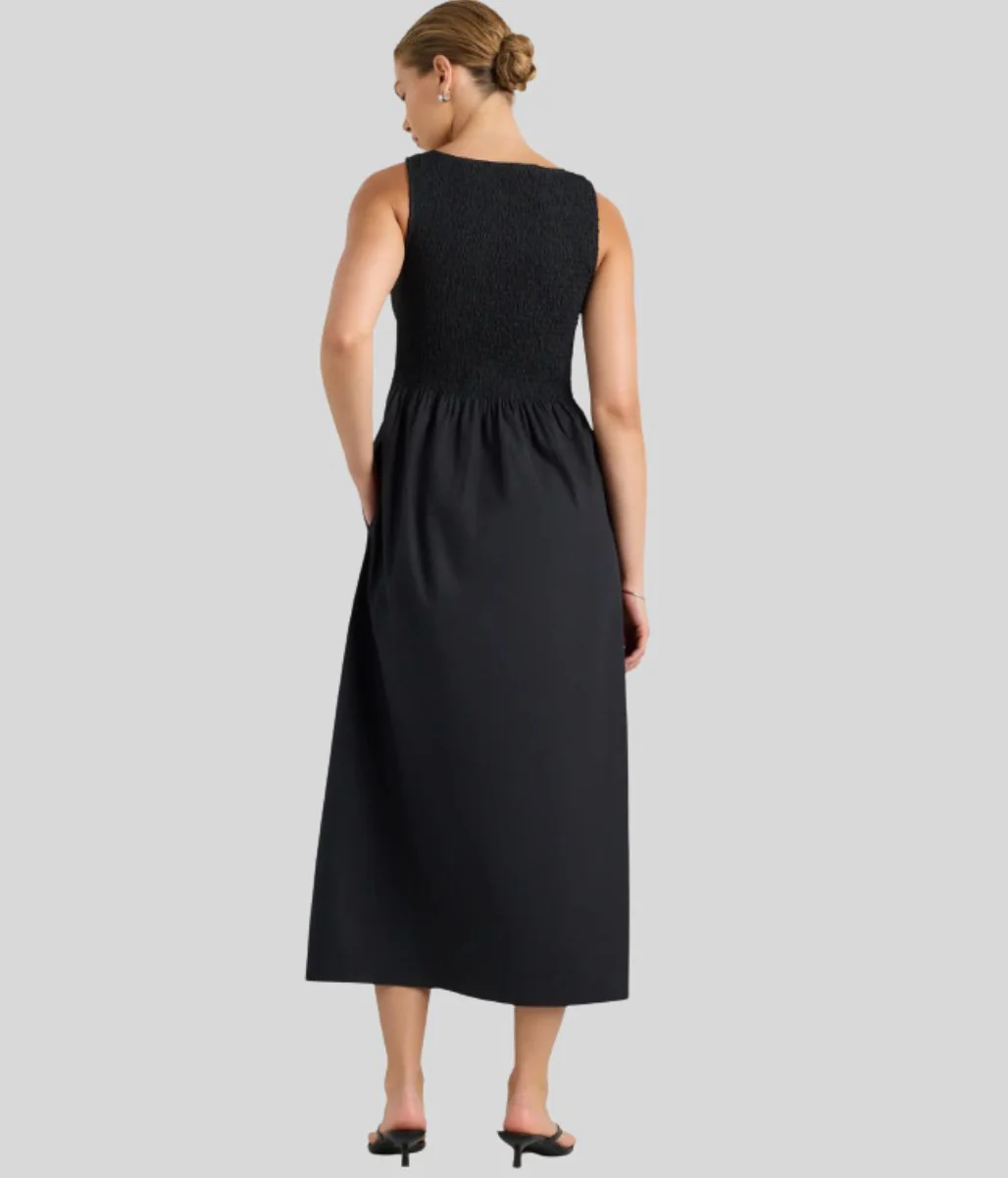 Black Cotton Poplin Shirred Dress - Image 12