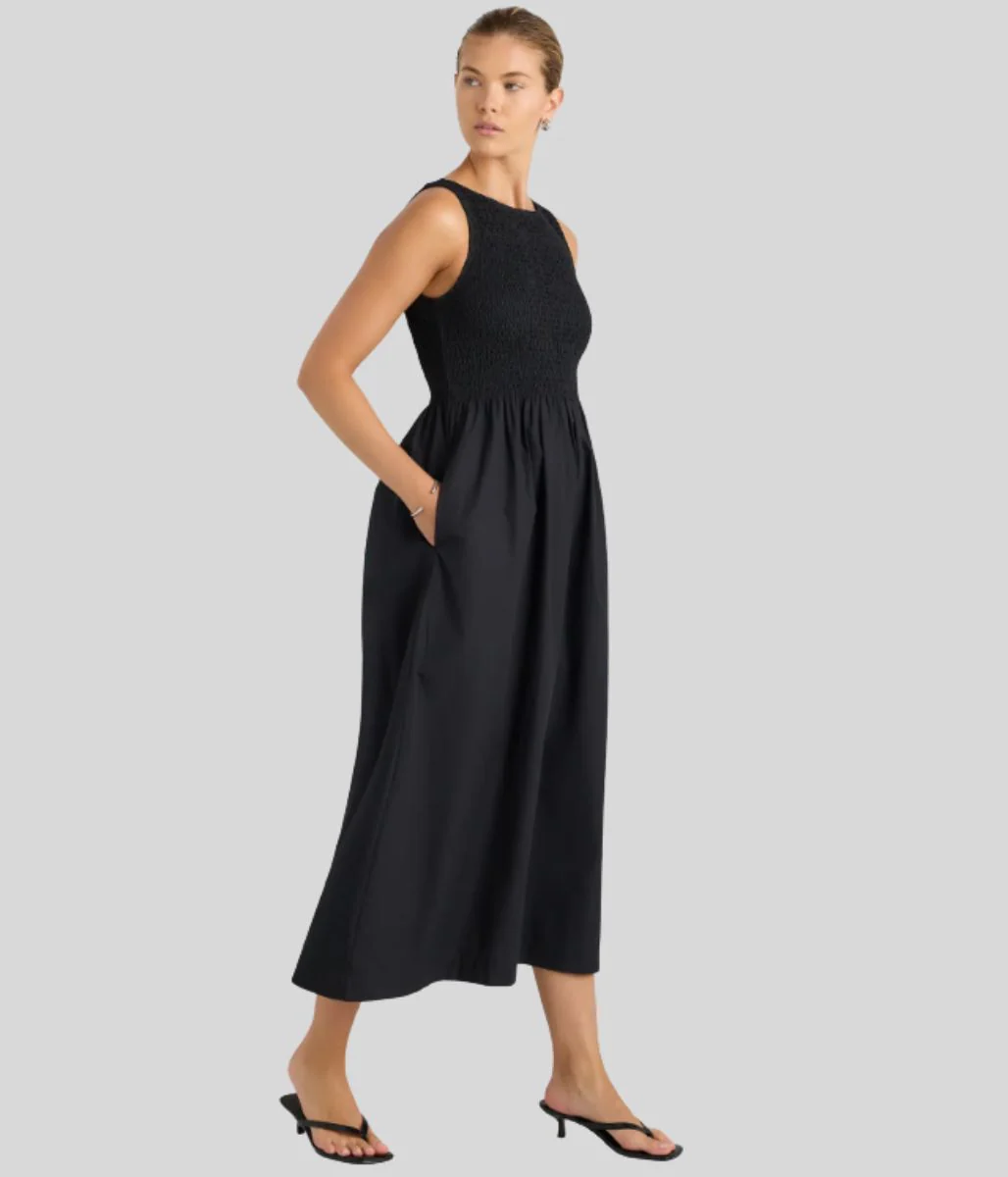 Black Cotton Poplin Shirred Dress - Image 13