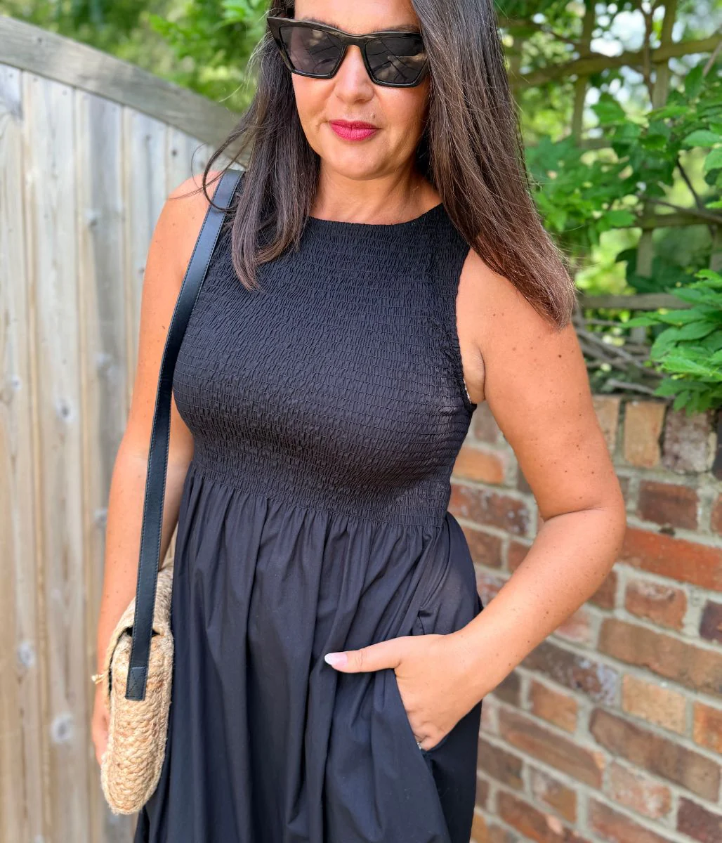 Black Cotton Poplin Shirred Dress - Image 2