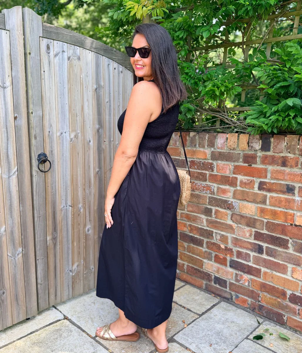 Black Cotton Poplin Shirred Dress - Image 3