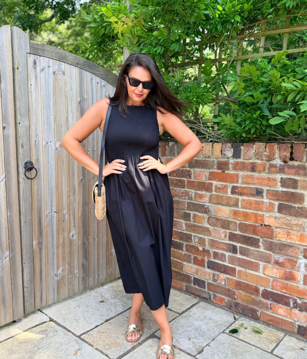 Black Cotton Poplin Shirred Dress - Image 4