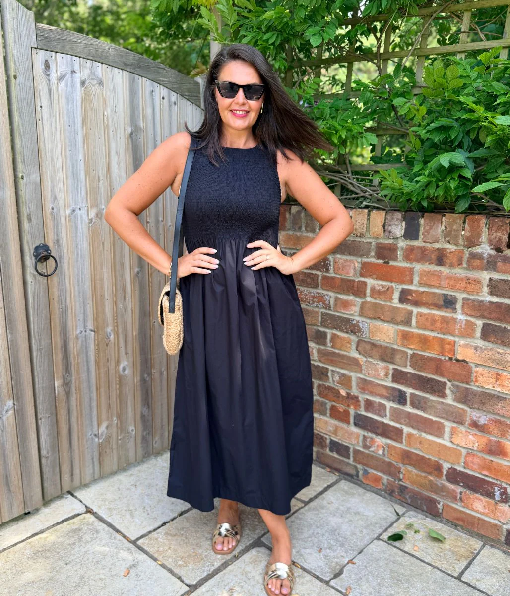 Black Cotton Poplin Shirred Dress - Image 5