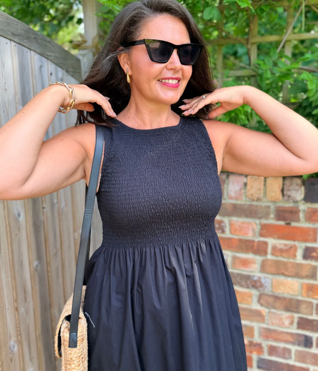 Black Cotton Poplin Shirred Dress - Image 6