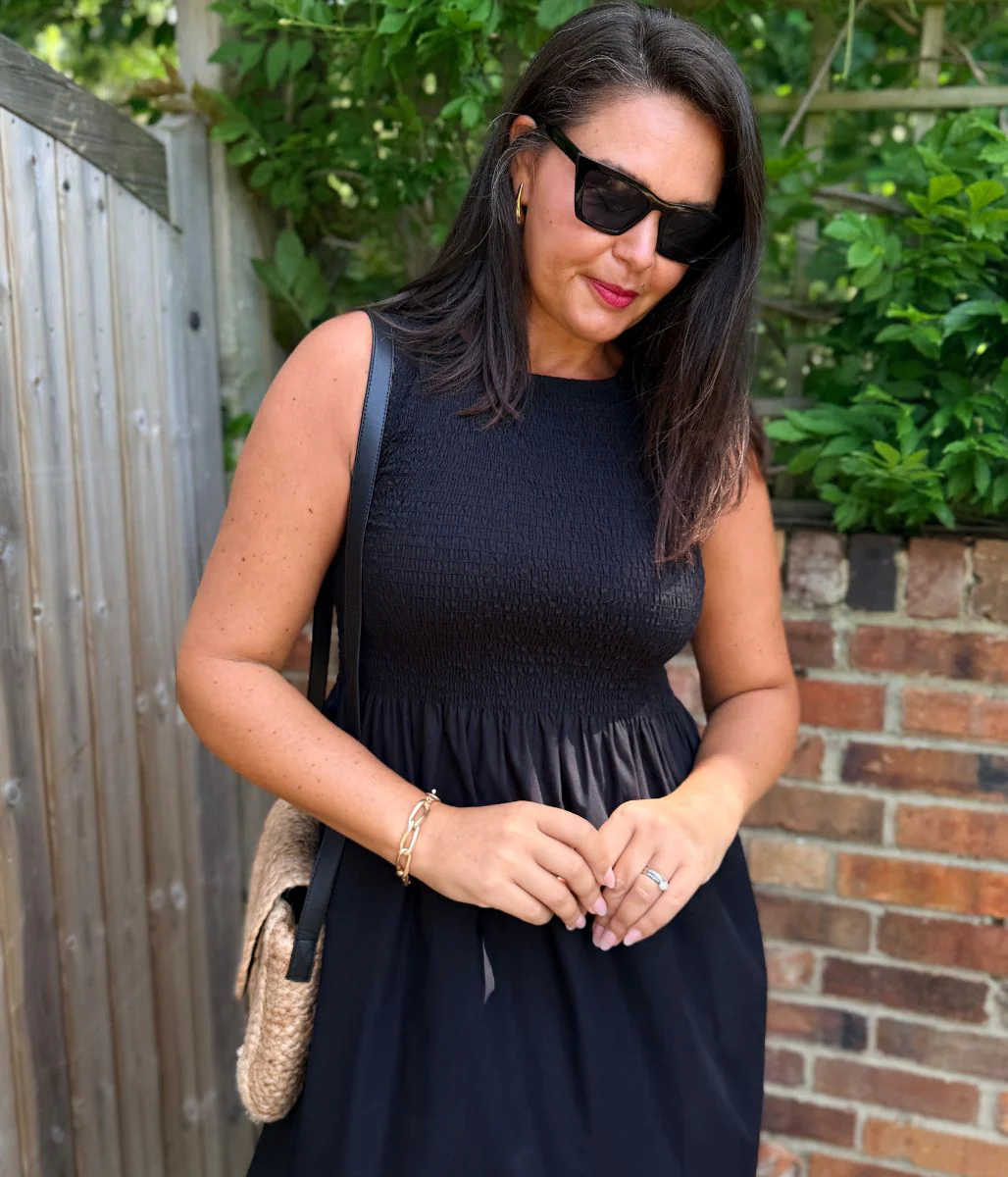 Black Cotton Poplin Shirred Dress - Image 7