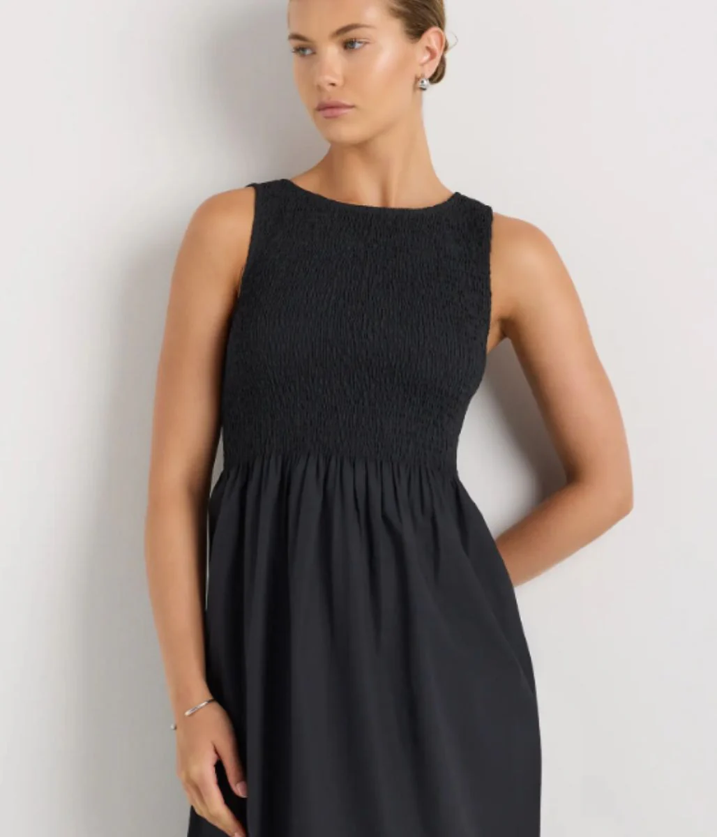 Black Cotton Poplin Shirred Dress - Image 8