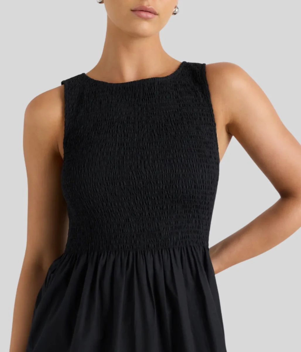 Black Cotton Poplin Shirred Dress - Image 9