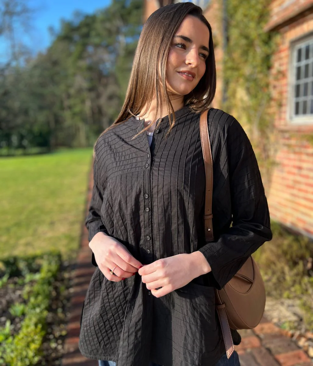 Black Cotton Oversized Grandad Collar Shirt - Image 7