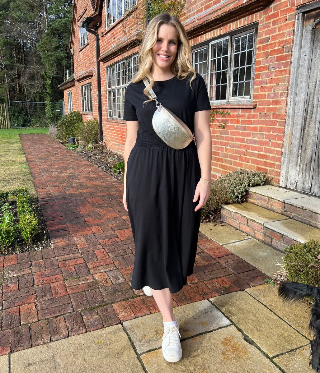 Black Cotton Shirred Waist Midi Dress - Image 4