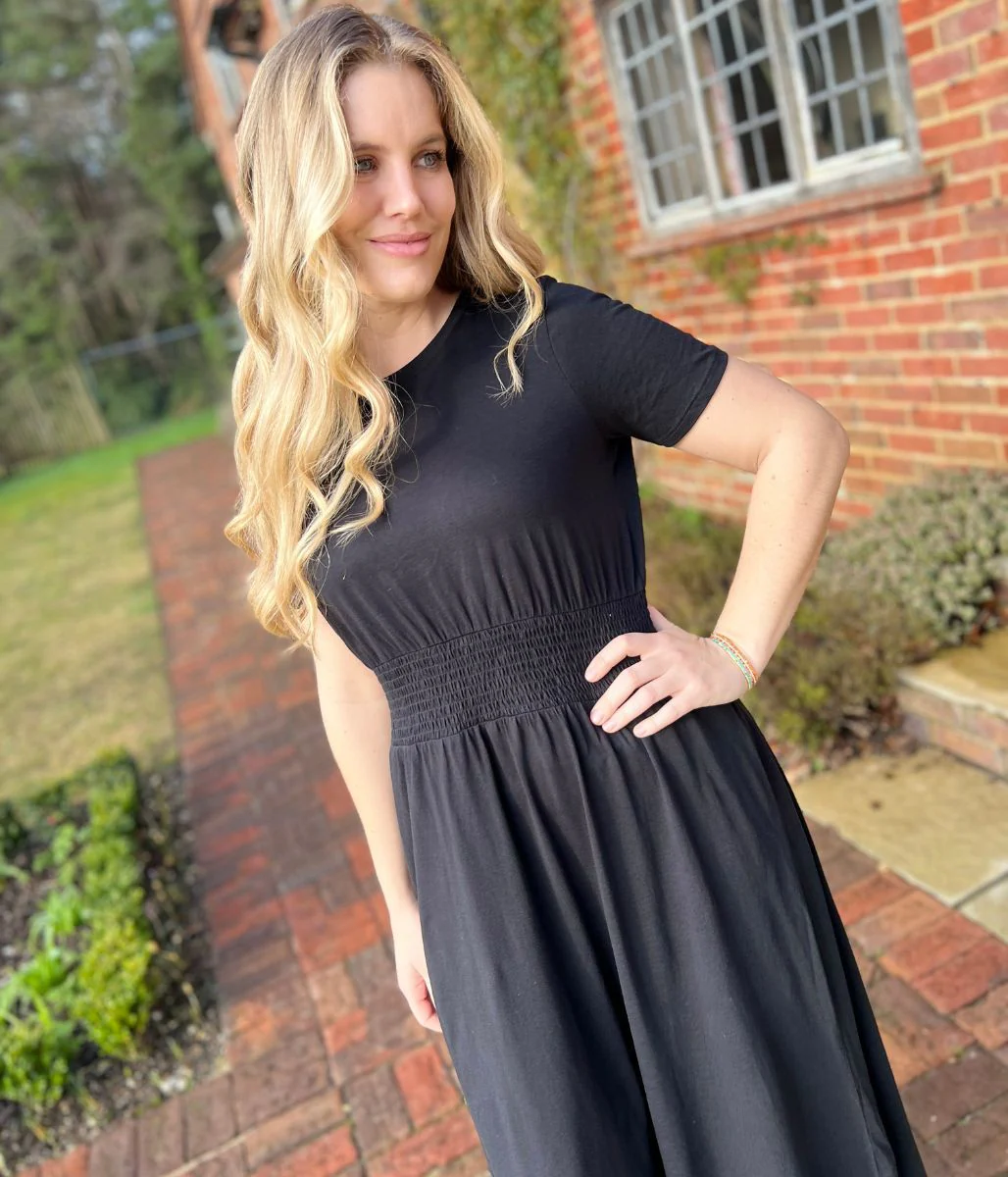 Black Cotton Shirred Waist Midi Dress - Image 5