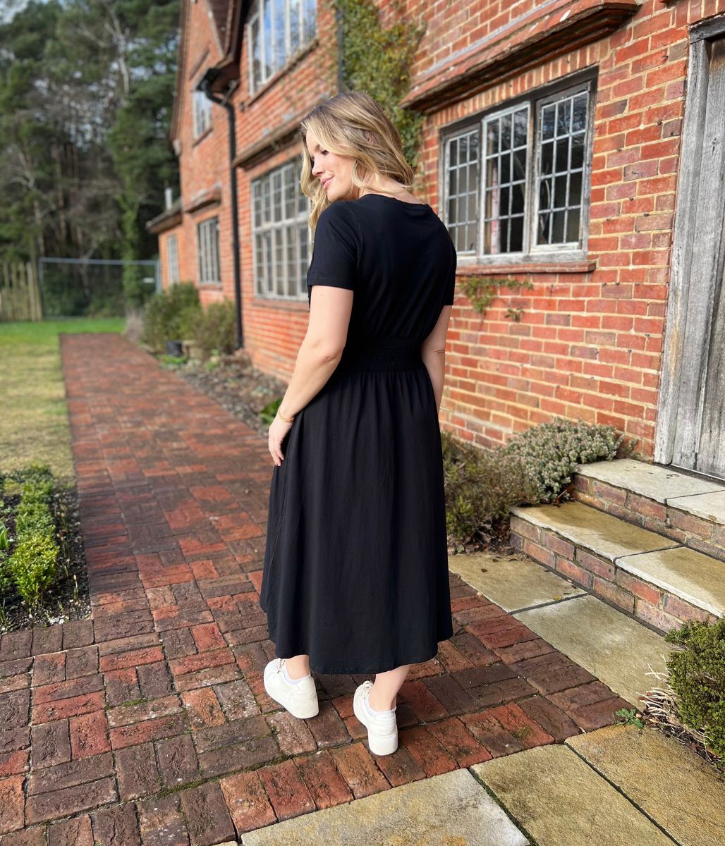 Black Cotton Shirred Waist Midi Dress - Image 6