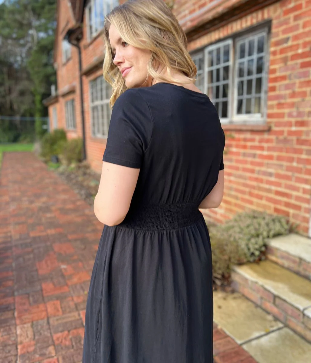 Black Cotton Shirred Waist Midi Dress - Image 7