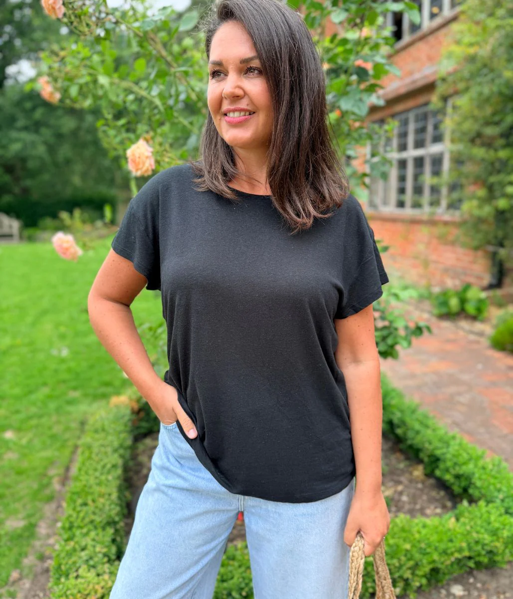 Black Crew Neck Linen Blend Tee