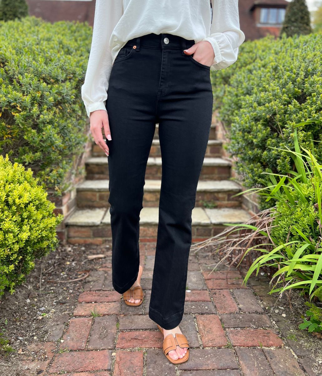 Black Denim Crease Front Slim Flare Jeans - Image 2