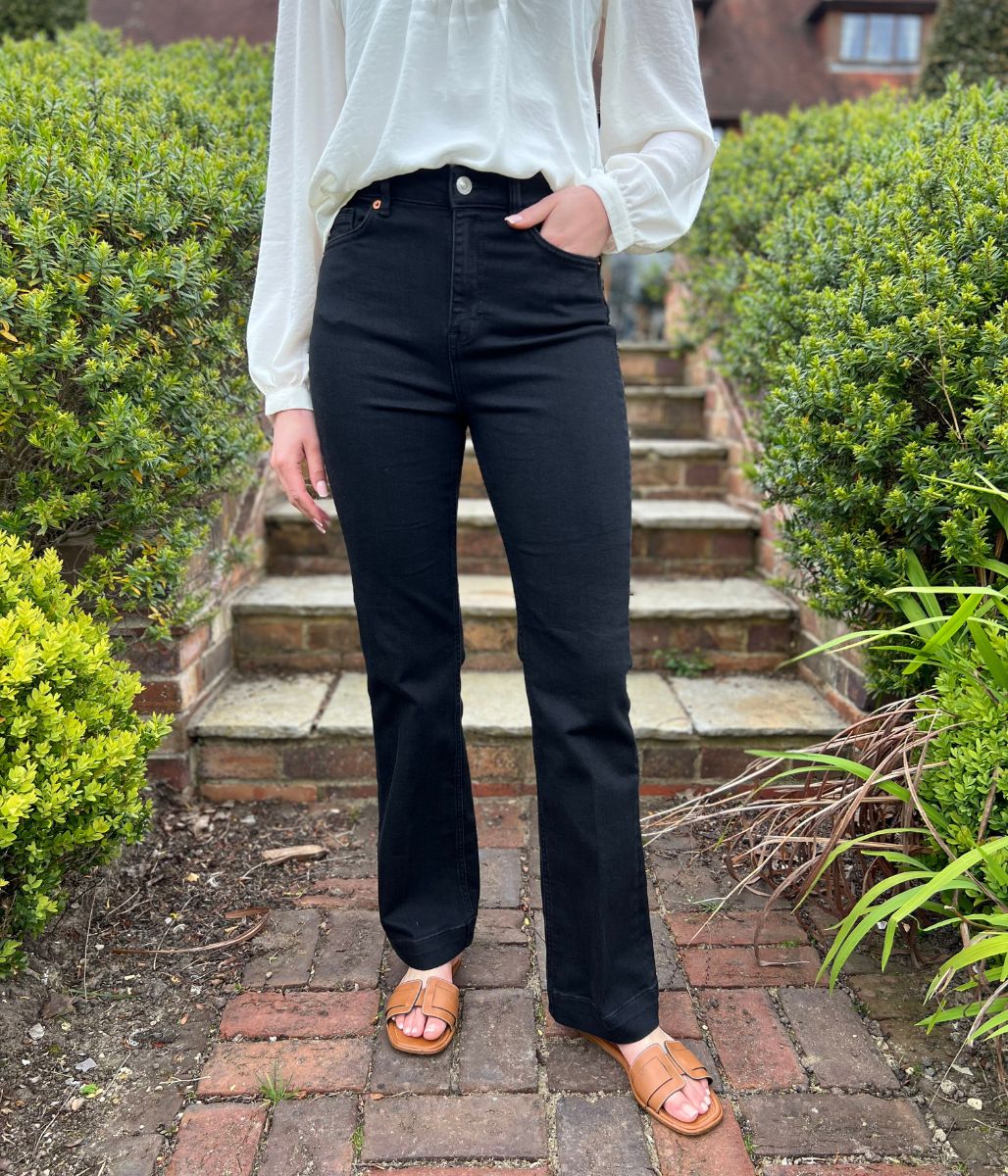 Black Denim Crease Front Slim Flare Jeans - Image 3
