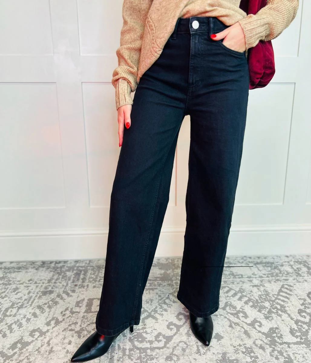 Black Denim Wide Leg Jeans - Image 5