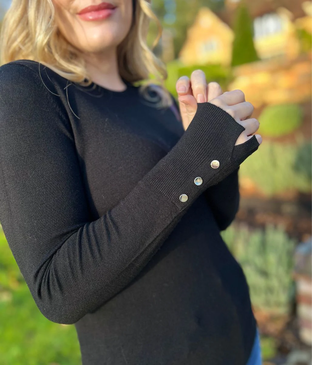 Black Fine Knit Button Cuff Jumper - Image 2