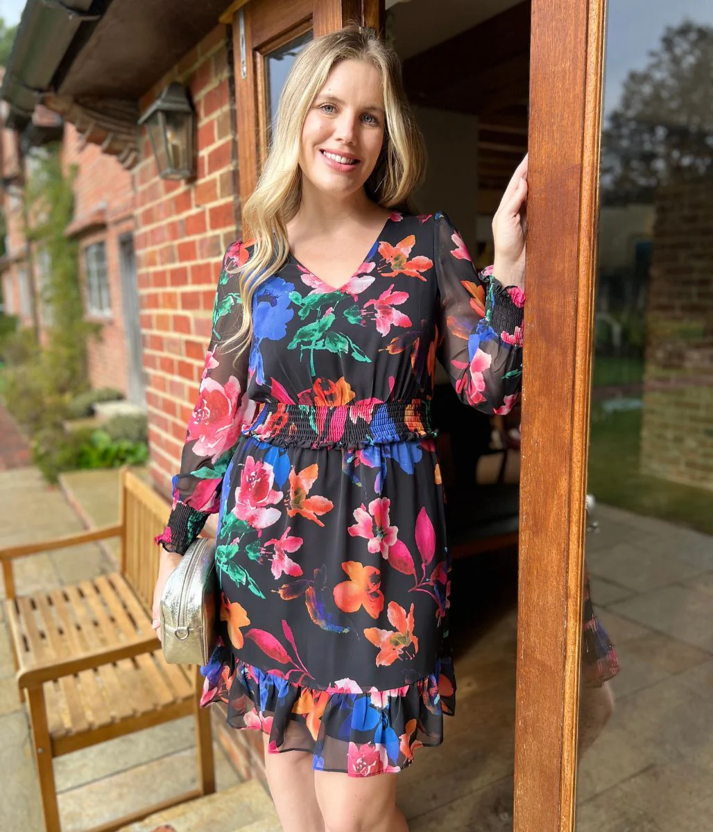 Black Floral Chiffon Layered Dress - Image 10