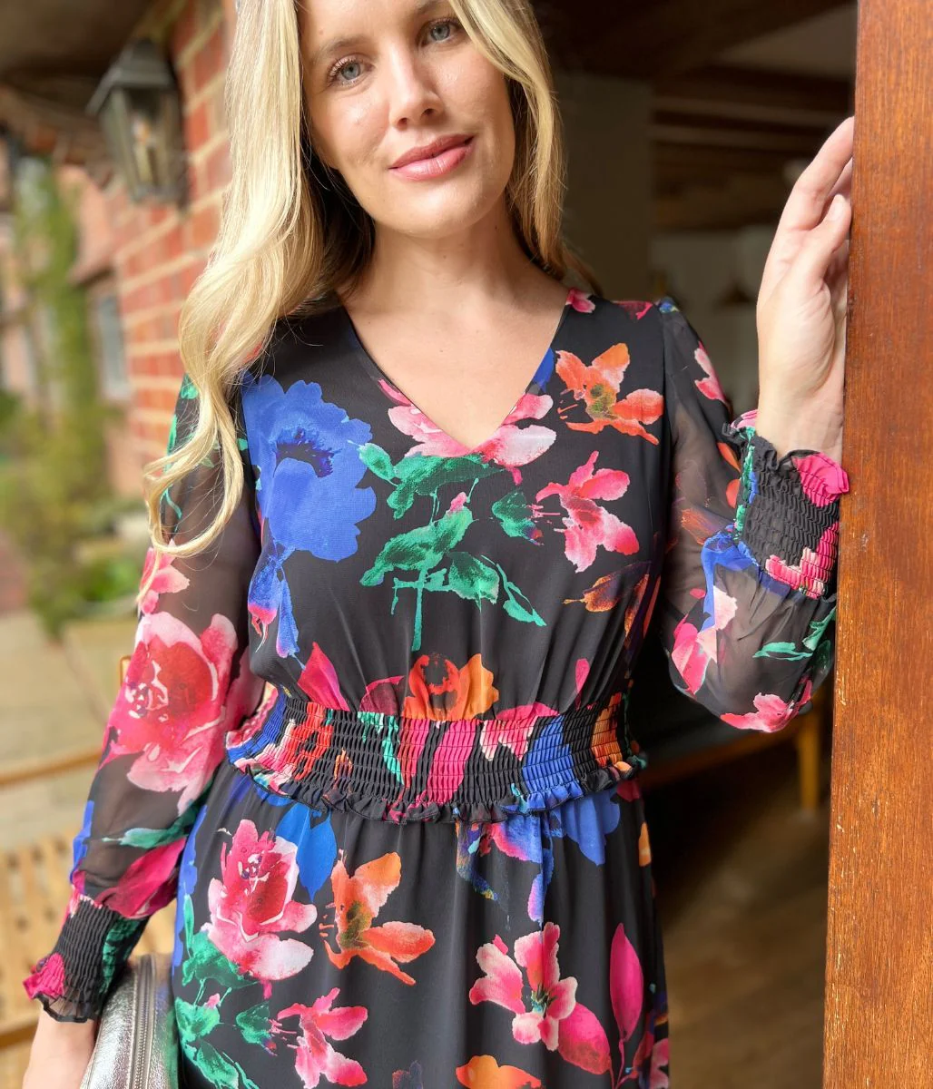 Black Floral Chiffon Layered Dress - Image 11