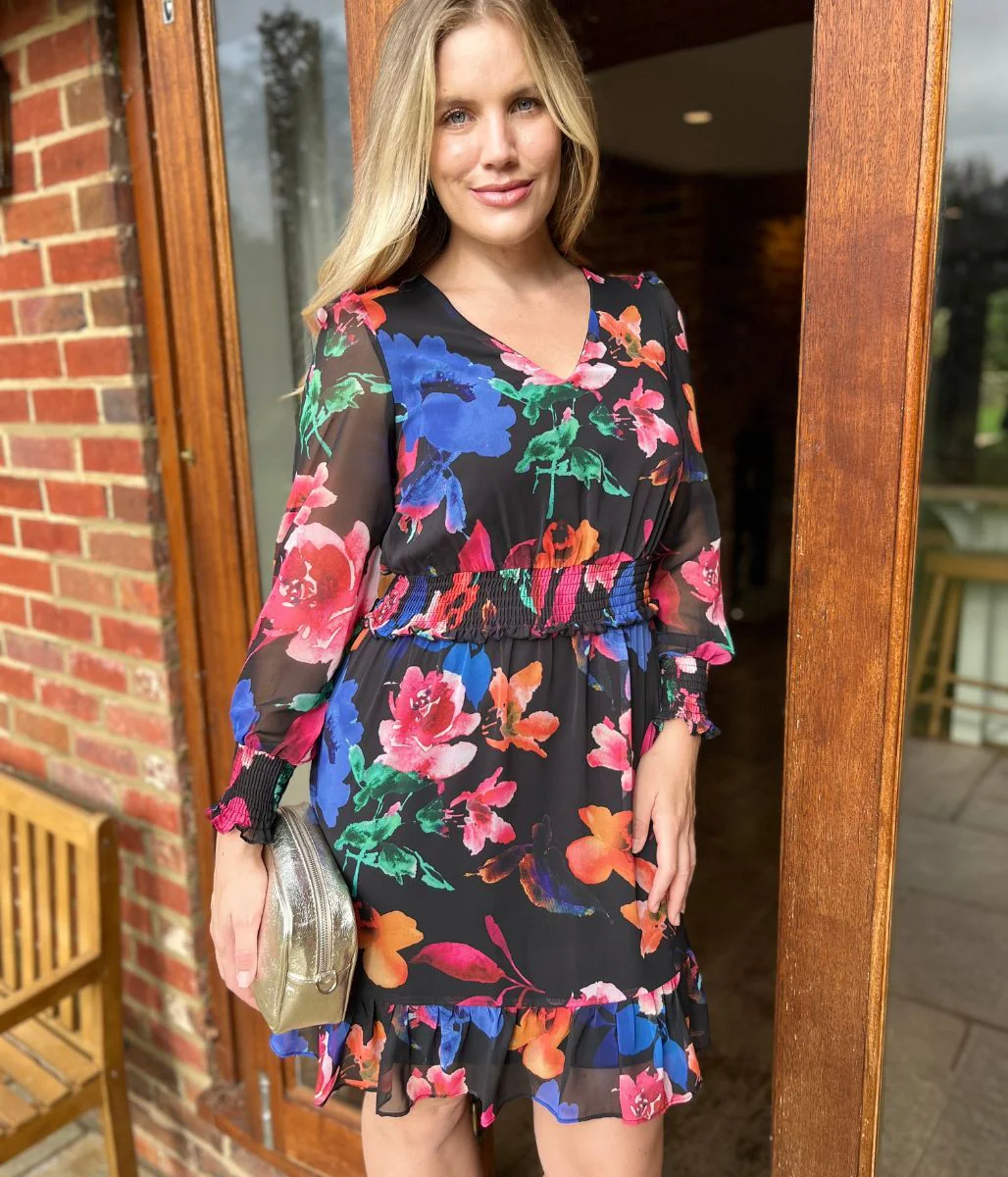 Black Floral Chiffon Layered Dress - Image 12