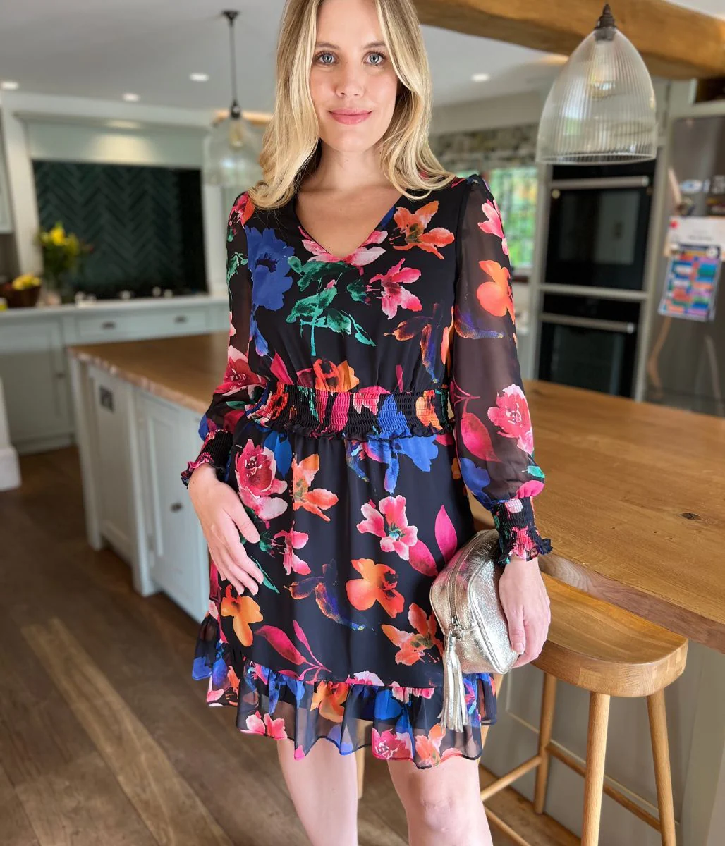 Black Floral Chiffon Layered Dress - Image 4