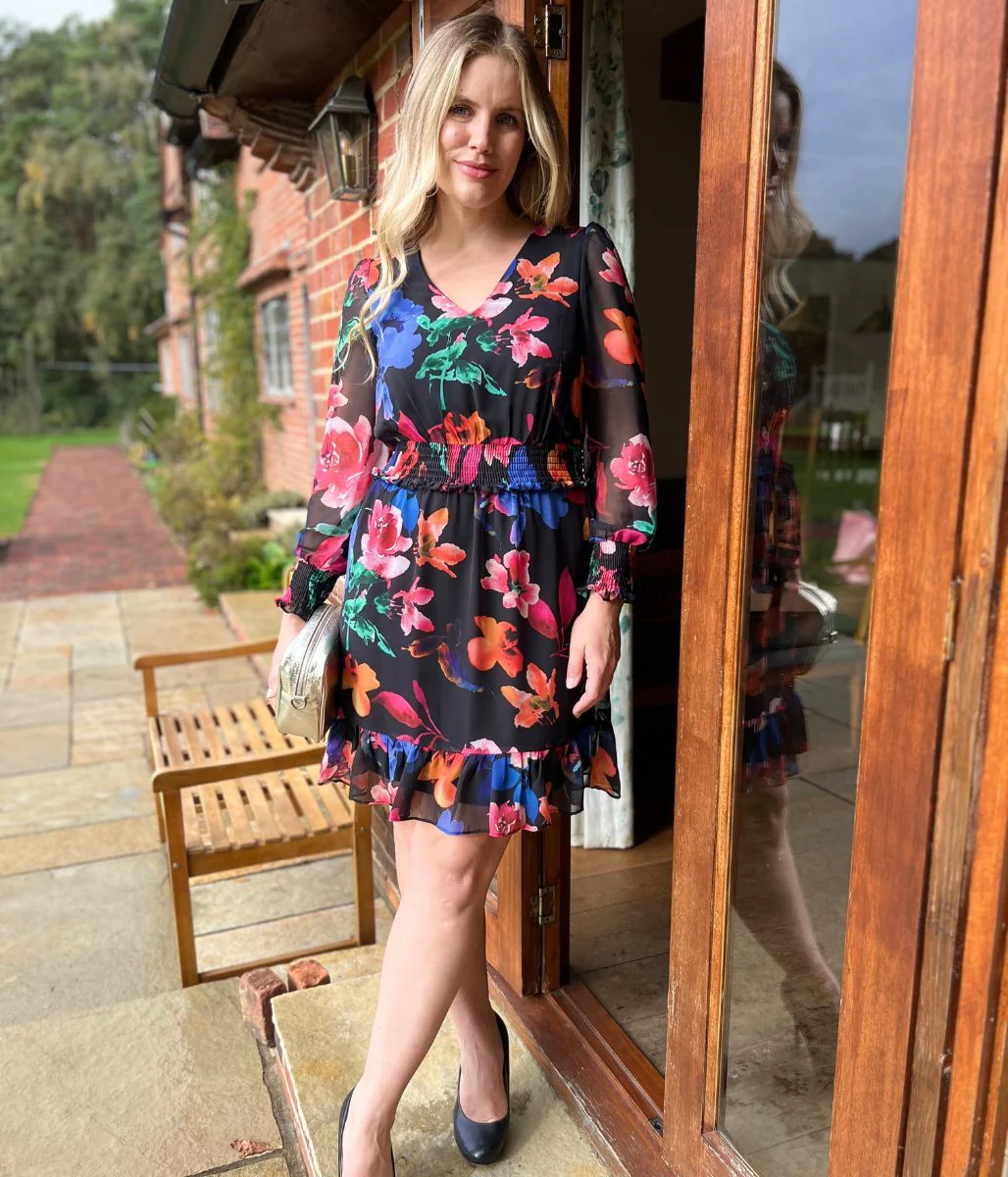 Black Floral Chiffon Layered Dress - Image 6