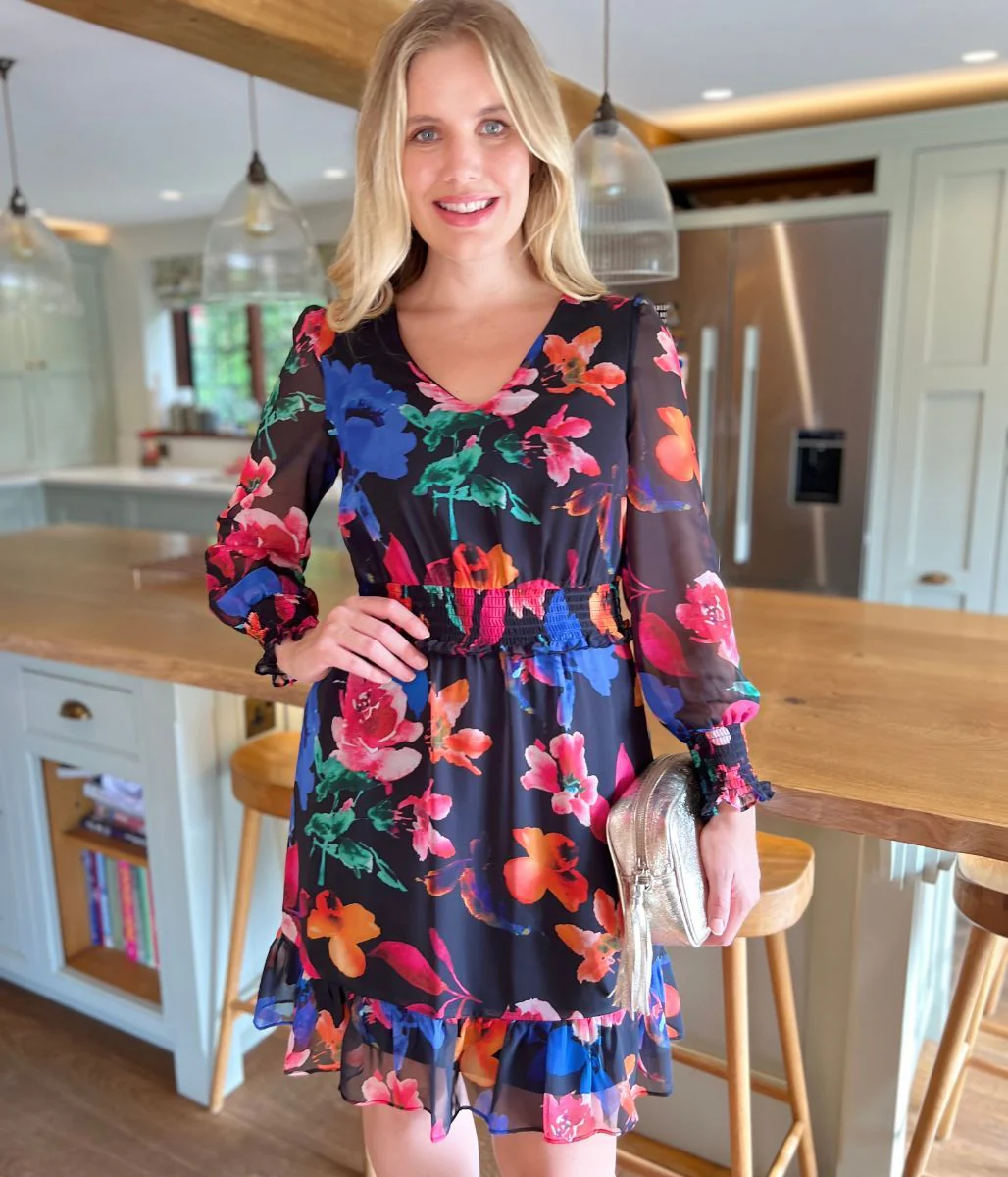 Black Floral Chiffon Layered Dress - Image 7